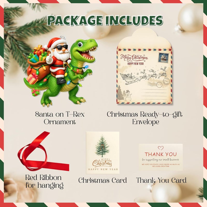 Hutato Santa Riding Dinosaur Ornament - Dinosaur Christmas Ornament, Christmas Ornaments Kids, Boy Ornaments for Tree, Dino Ornaments for Xmas, Novelty Santa Claus Gift, Boys Dino for Child - Image 2
